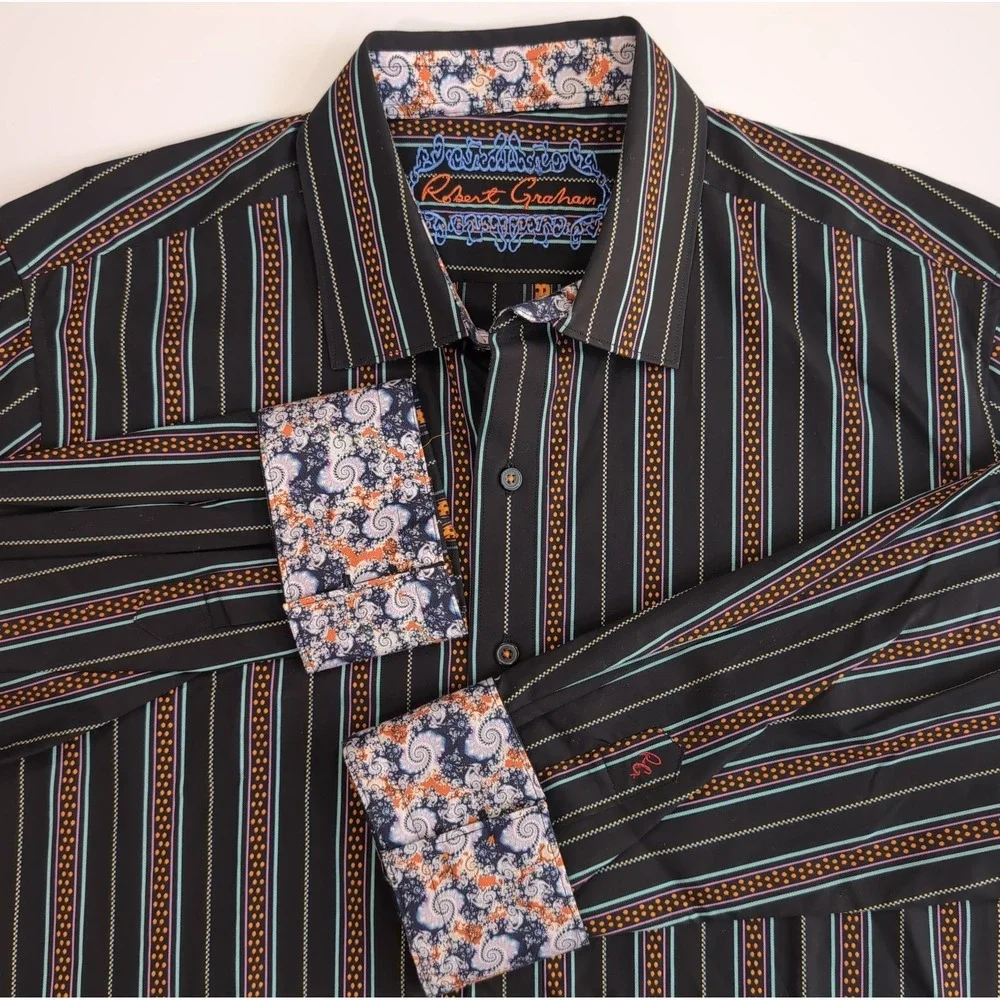 Robert Graham Flip Cuff Shirt Mens XL Classic Fit Black Orange Teal Paisley